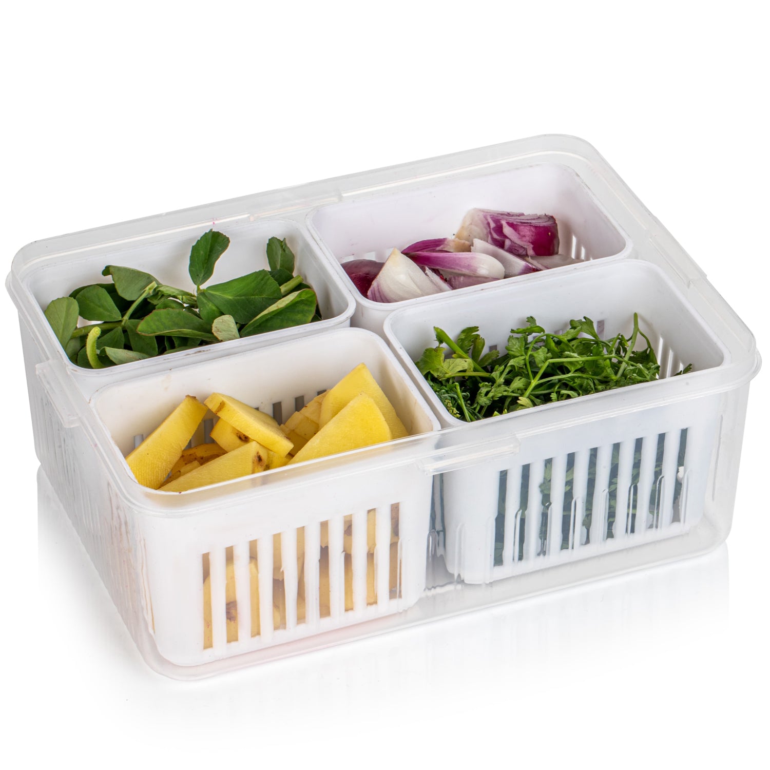 Wukusy fridge storage box for vegetables and food, clear plastic container with draining crisper for kitchen and freezer storage.