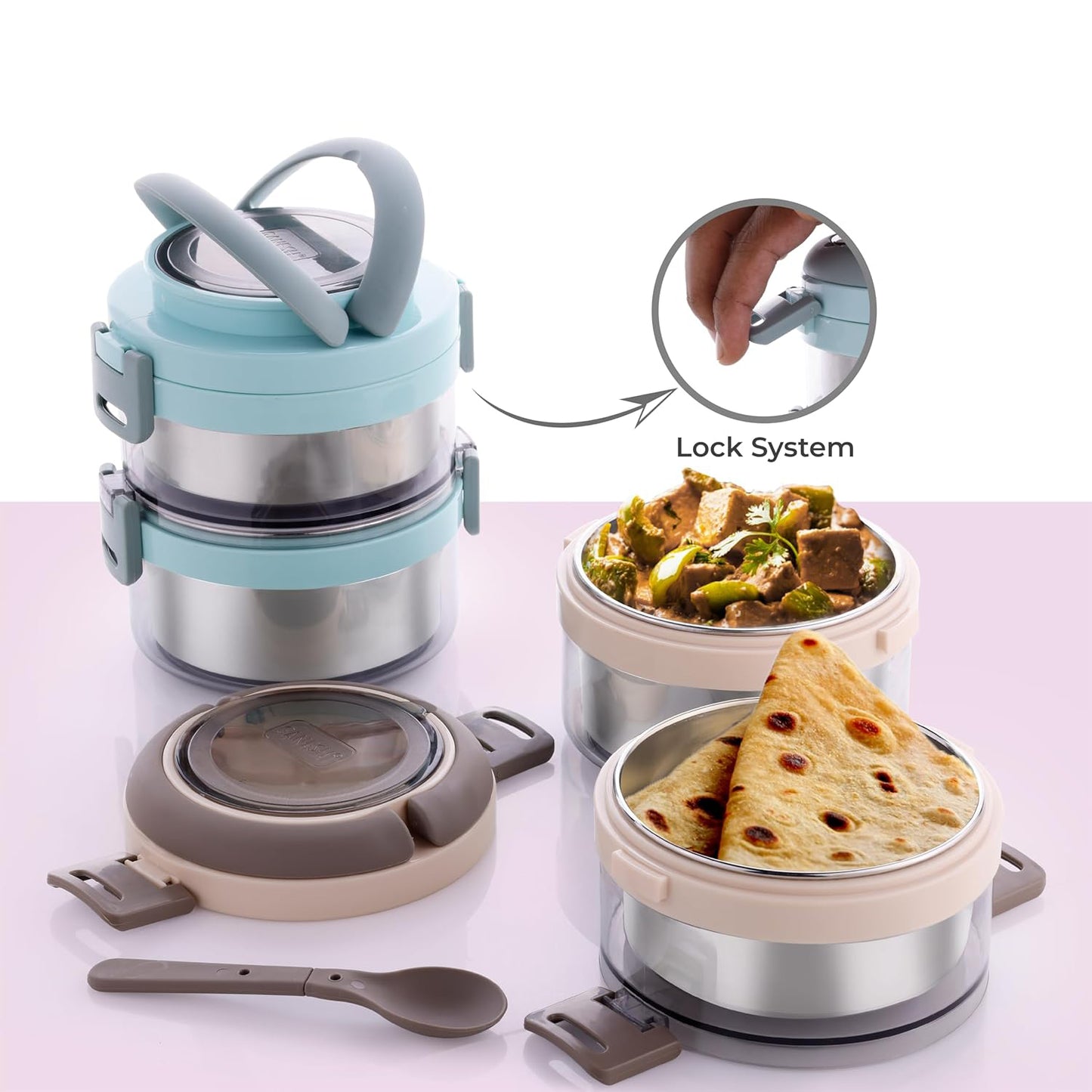 Wukusy Ganesh Steko-2 double layer stainless steel insulated lunch box set for home and kitchen storage.