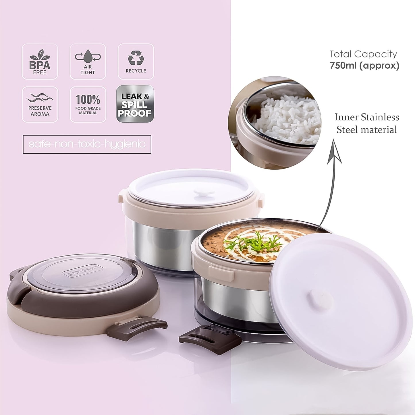 Wukusy Ganesh Steko-2 double-layer stainless steel insulated lunch box set for home and kitchen use.