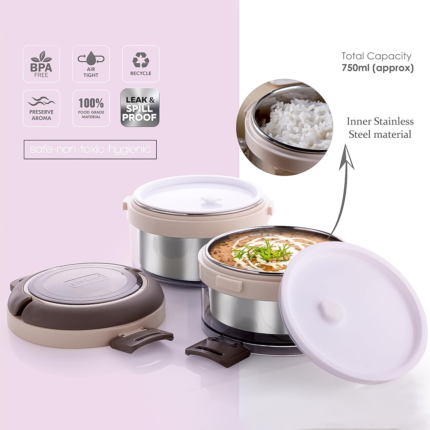 Wukusy Ganesh Steko-2 double-layer stainless steel insulated lunch box set for home and kitchen use.