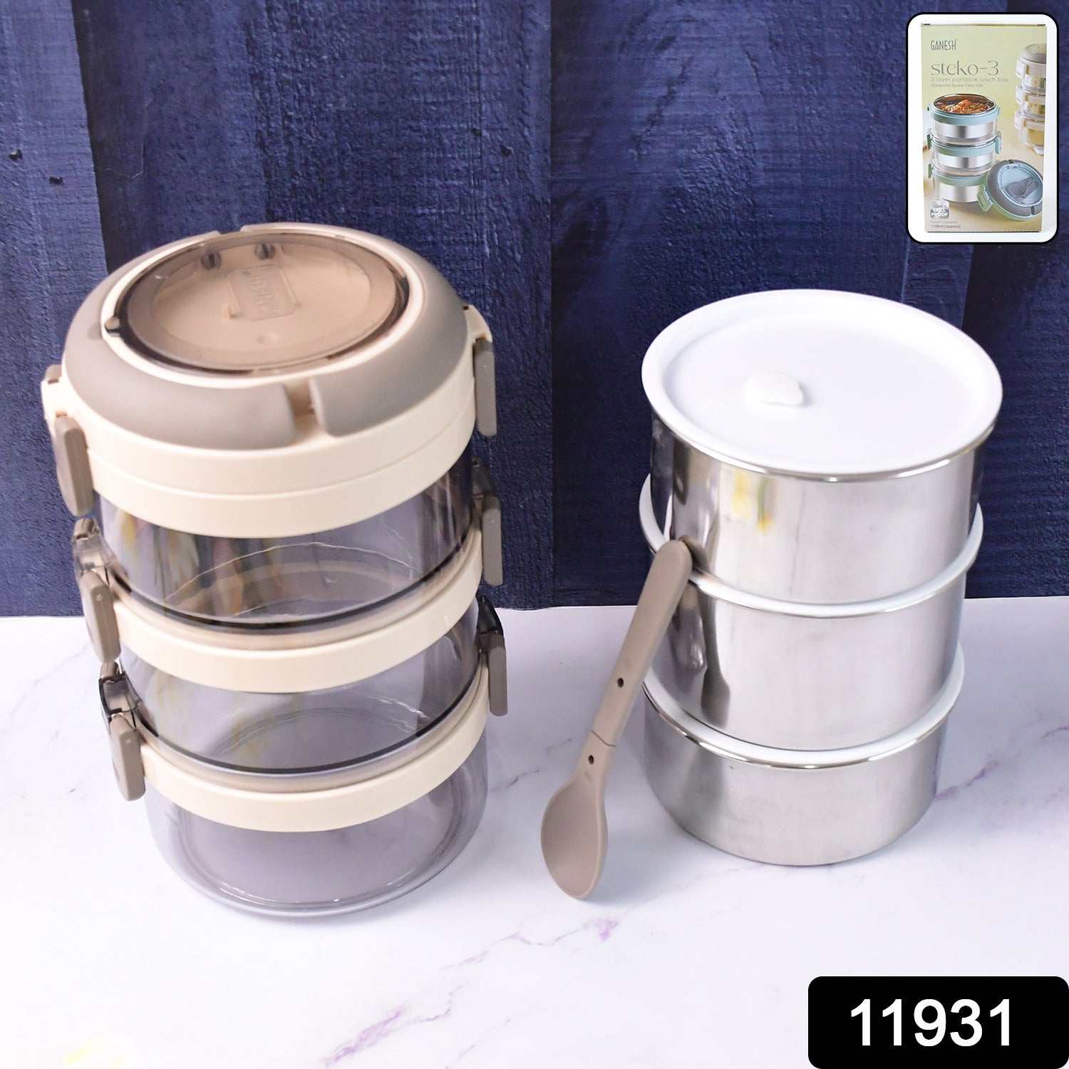 Wukusy Ganesh Steko-3 stainless steel insulated lunch box set with three layers, designed for home and kitchen use.
