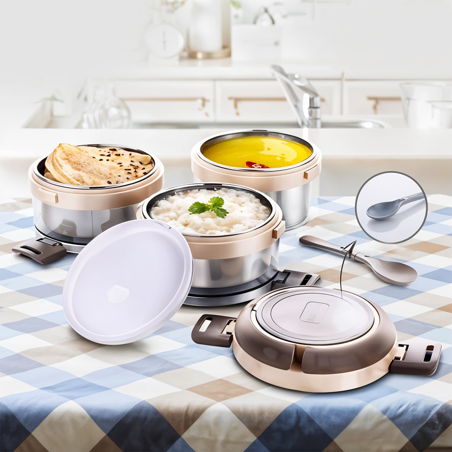 Wukusy Ganesh Steko-3 triple-layer stainless steel insulated lunch box set for home and kitchen use, featuring a durable design