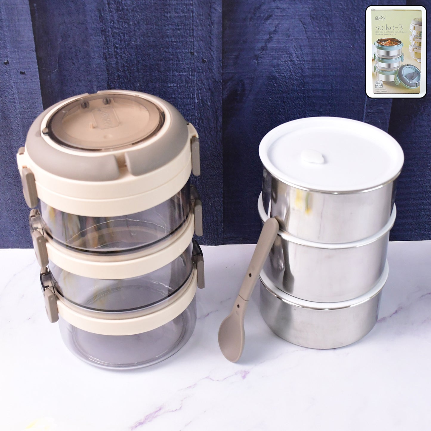 Wukusy Ganesh Steko-3 stainless steel insulated lunch box set with triple layers for home and kitchen use, featuring a durable design.