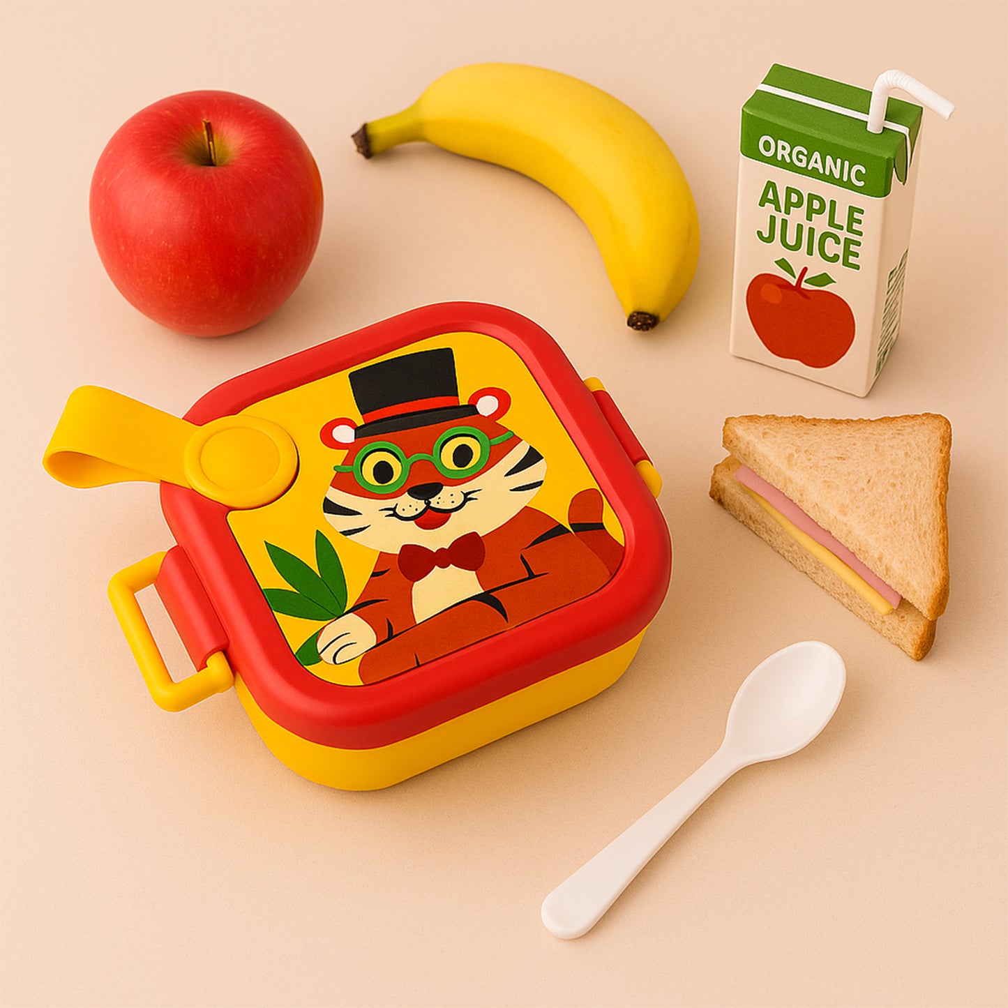 Wukusy Ganesh Tangy Kids stainless steel lunch box with colorful design, perfect for kids’ school meals in a home and kitchen setting.