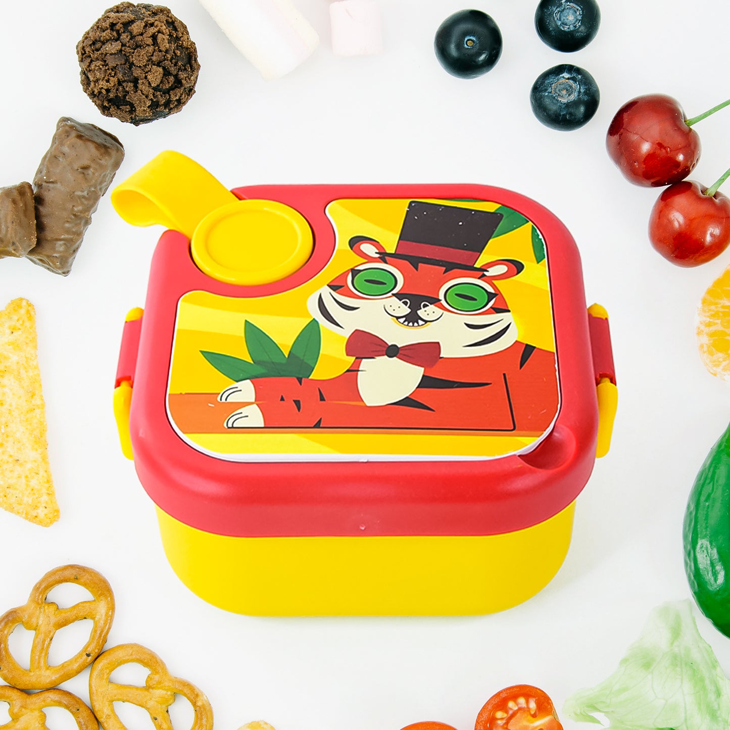 Wukusy Ganesh Tangy Kids stainless steel lunch box with colorful cartoon design for children, perfect for school meals.
