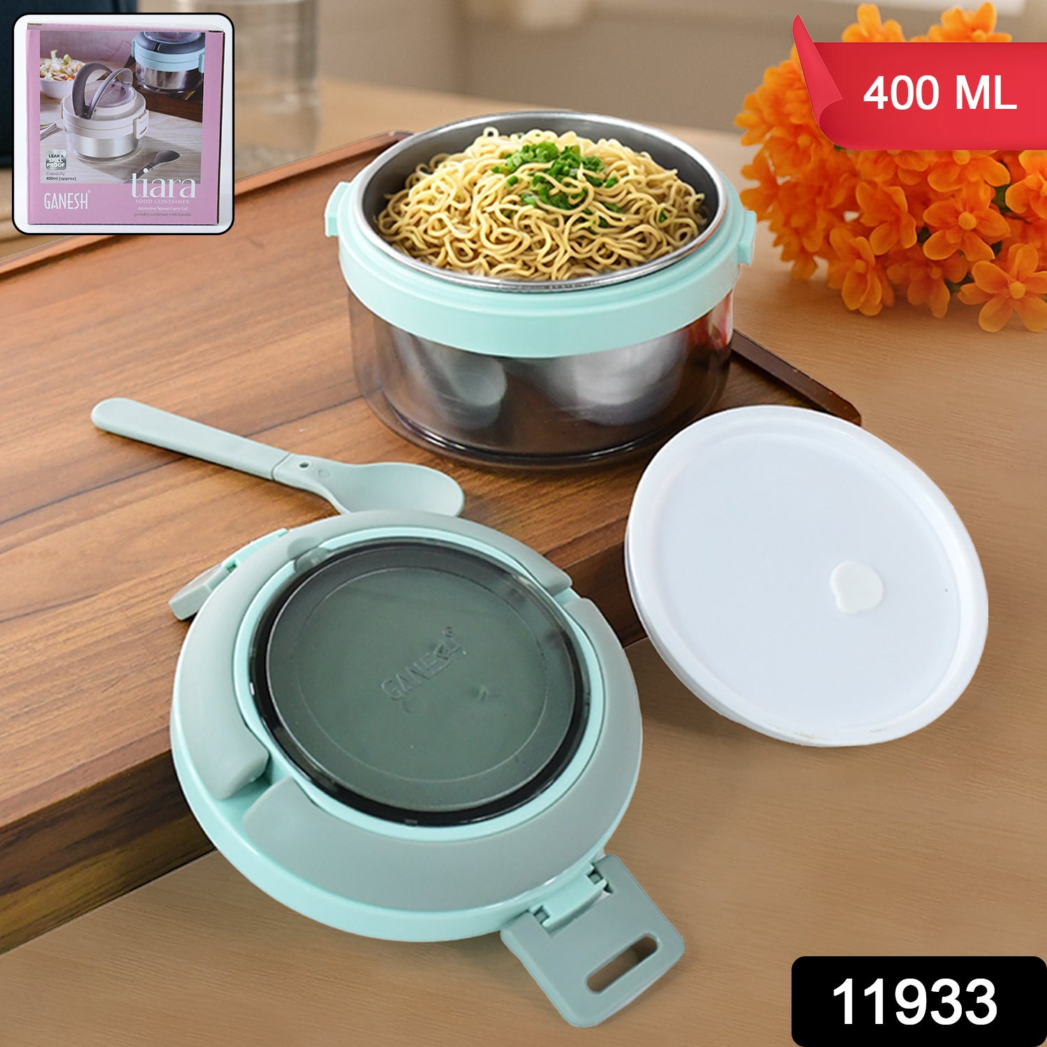 Wukusy Ganesh Tiara 400ml stainless steel insulated lunch box with leakproof lid and folding spoon for home and kitchen use.