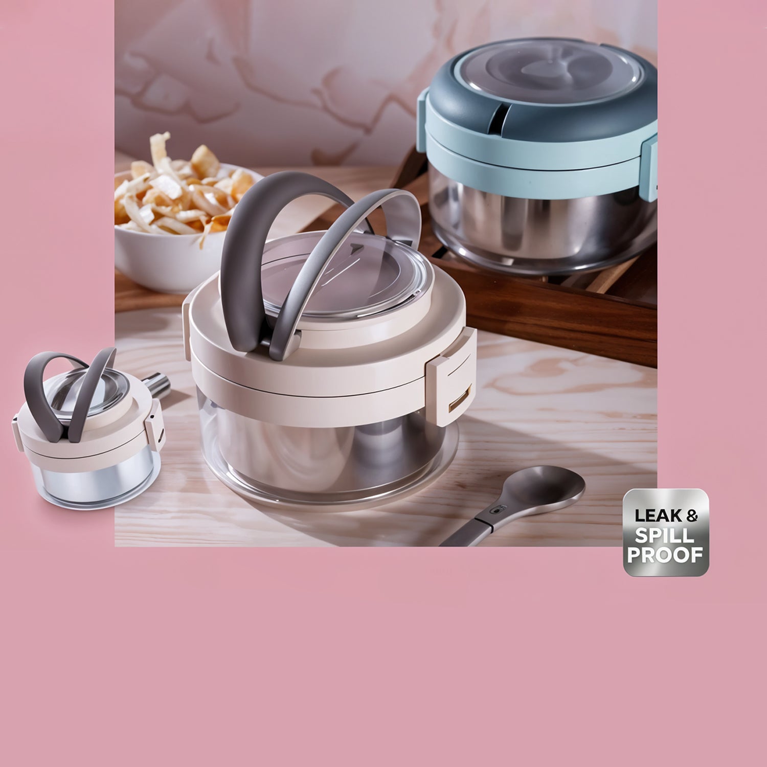 Wukusy Ganesh Tiara 400ml stainless steel insulated lunch box with leakproof lid and folding spoon, ideal for home and kitchen use.