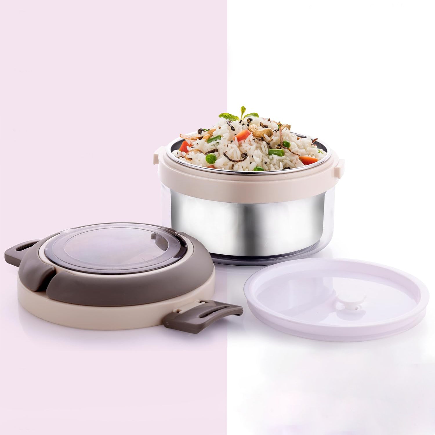 Wukusy Ganesh Tiara 400ml stainless steel insulated lunch box with leakproof lid and folding spoon, designed for home and kitchen use.