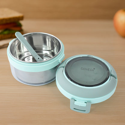 Wukusy Ganesh Tiara 400ml stainless steel insulated lunch box with leakproof lid and folding spoon, ideal for home and kitchen use.