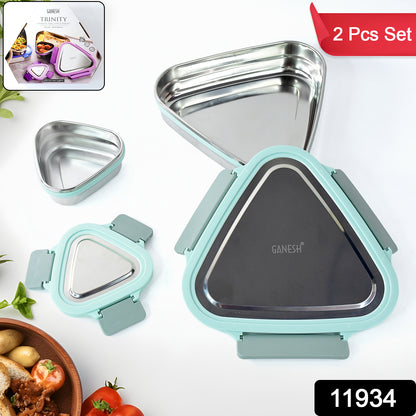 Wukusy Ganesh Trinity 2-piece stainless steel triangle lunch box set for home and kitchen storage.
