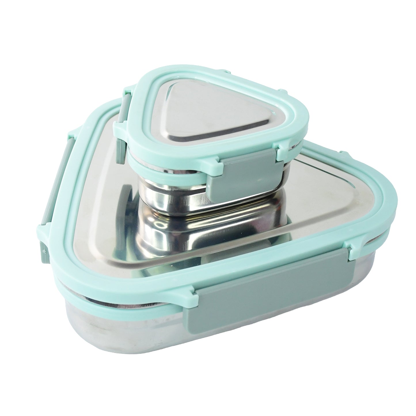 Wukusy Ganesh Trinity 2-piece stainless steel triangle lunch box set for home and kitchen storage.