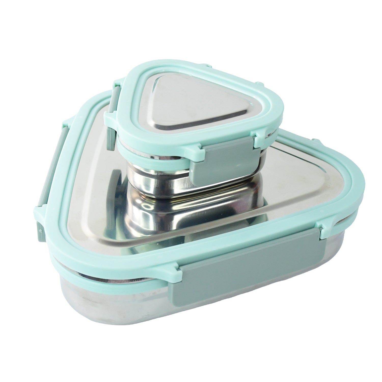 Wukusy Ganesh Trinity 2-piece stainless steel triangle lunch box set for home and kitchen storage.