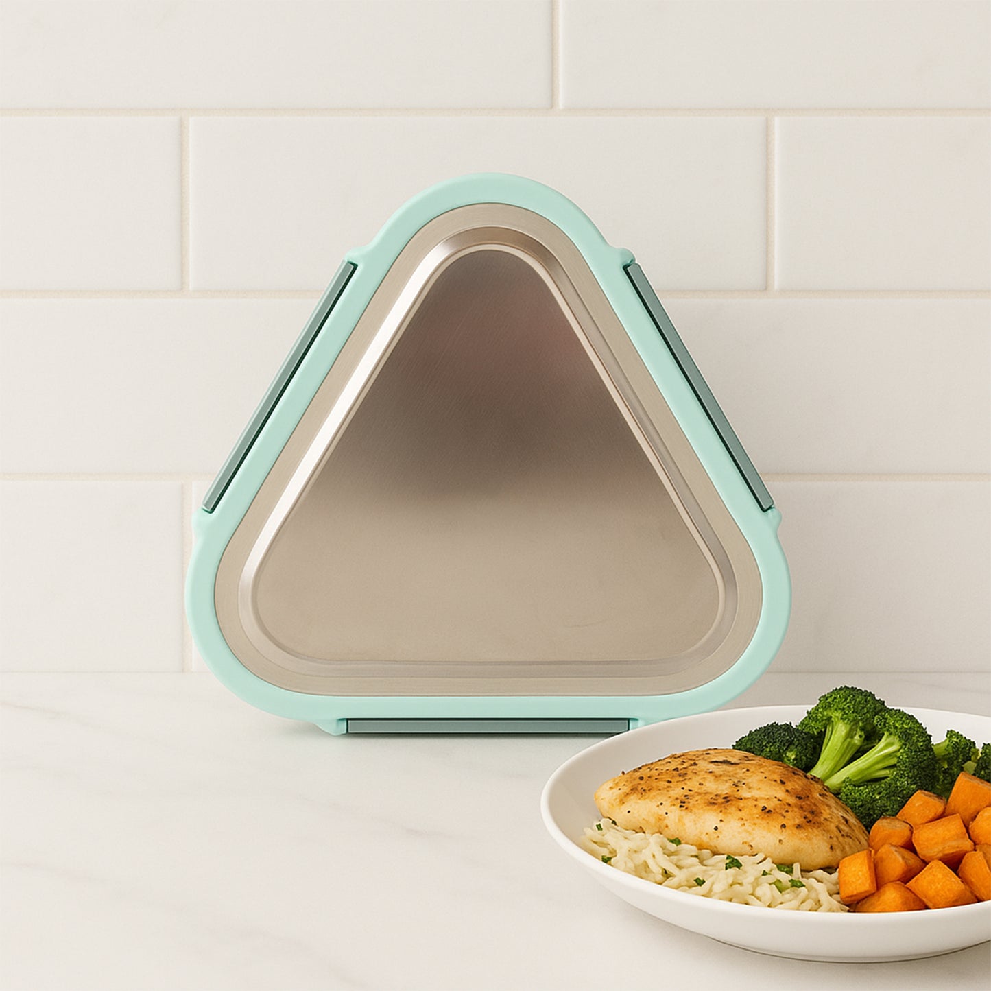 Wukusy Ganesh Trinity 2-piece stainless steel triangle lunch box set for home and kitchen storage.