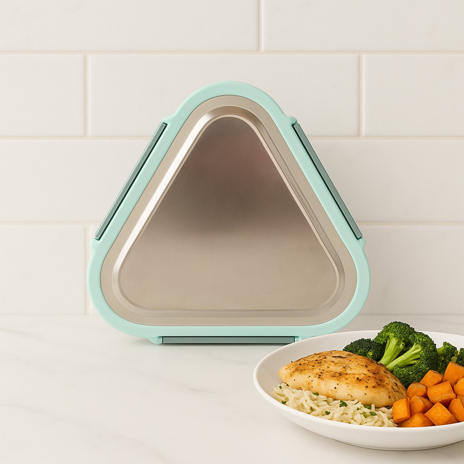 Wukusy Ganesh Trinity 2-piece stainless steel triangle lunch box set for home and kitchen storage.