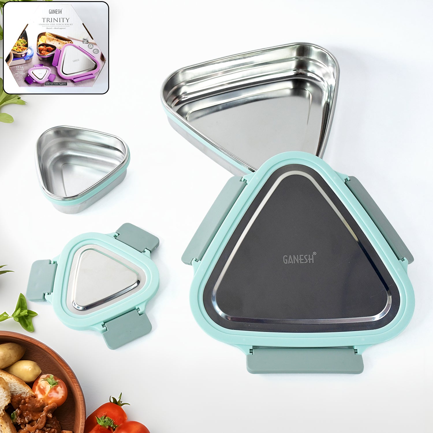 Wukusy Ganesh Trinity 2-piece stainless steel triangle lunch box set for home and kitchen storage.