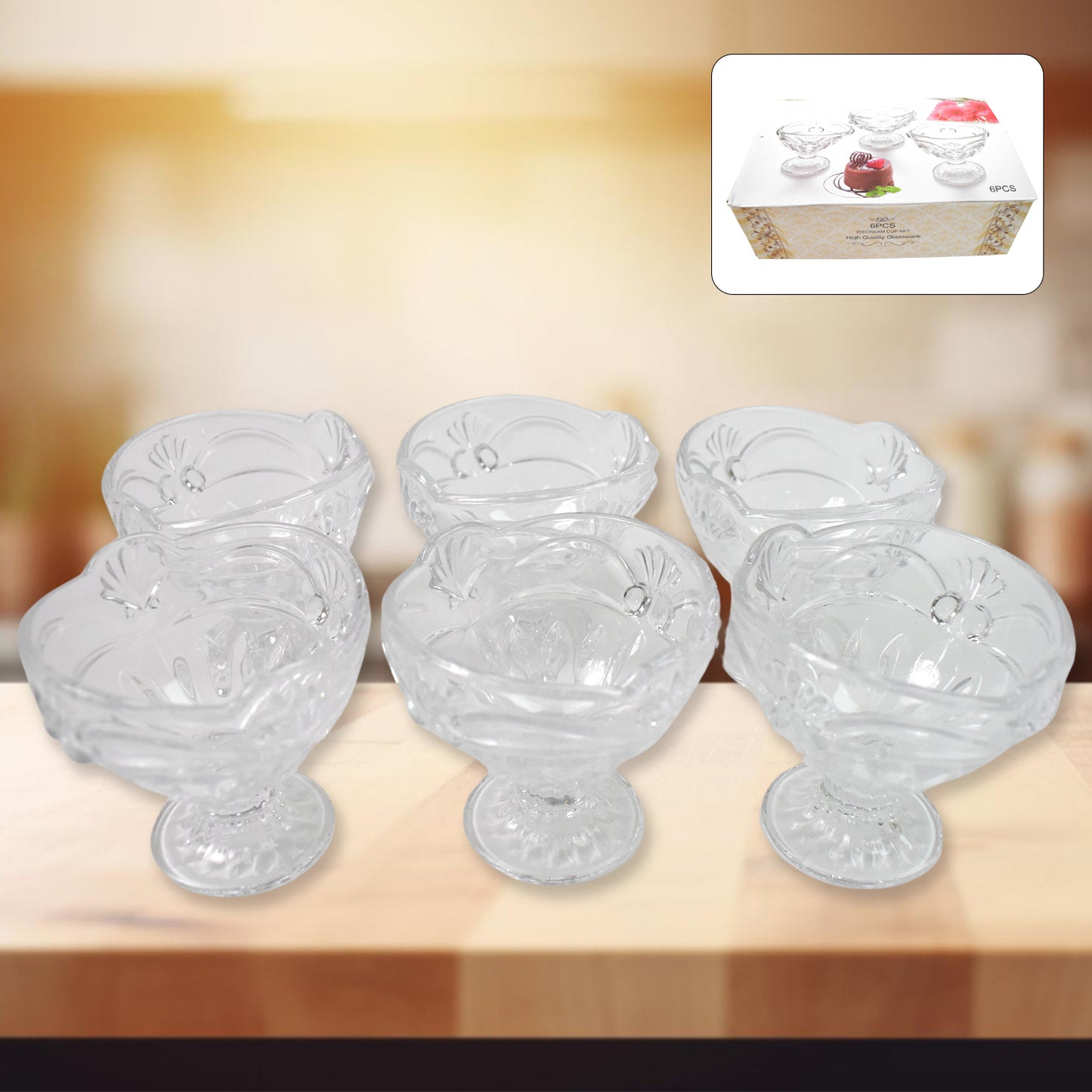 Set of 6 Wukusy glass ice-cream cups for serving desserts or snacks in a home and kitchen setting.