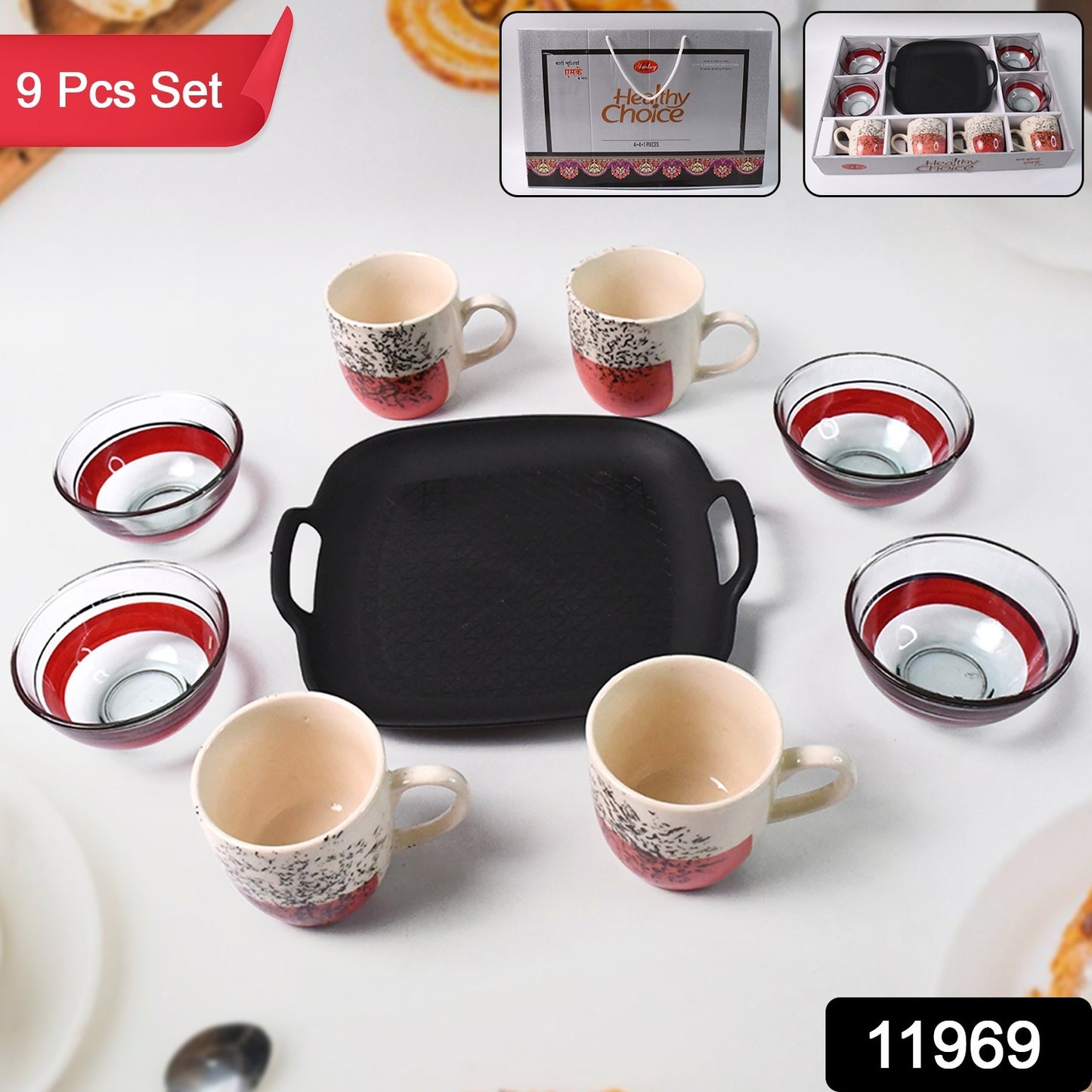Wukusy Healthy Choice 9-piece set with 4 ceramic cups, 4 glass bowls, and plastic plates for home and kitchen use.