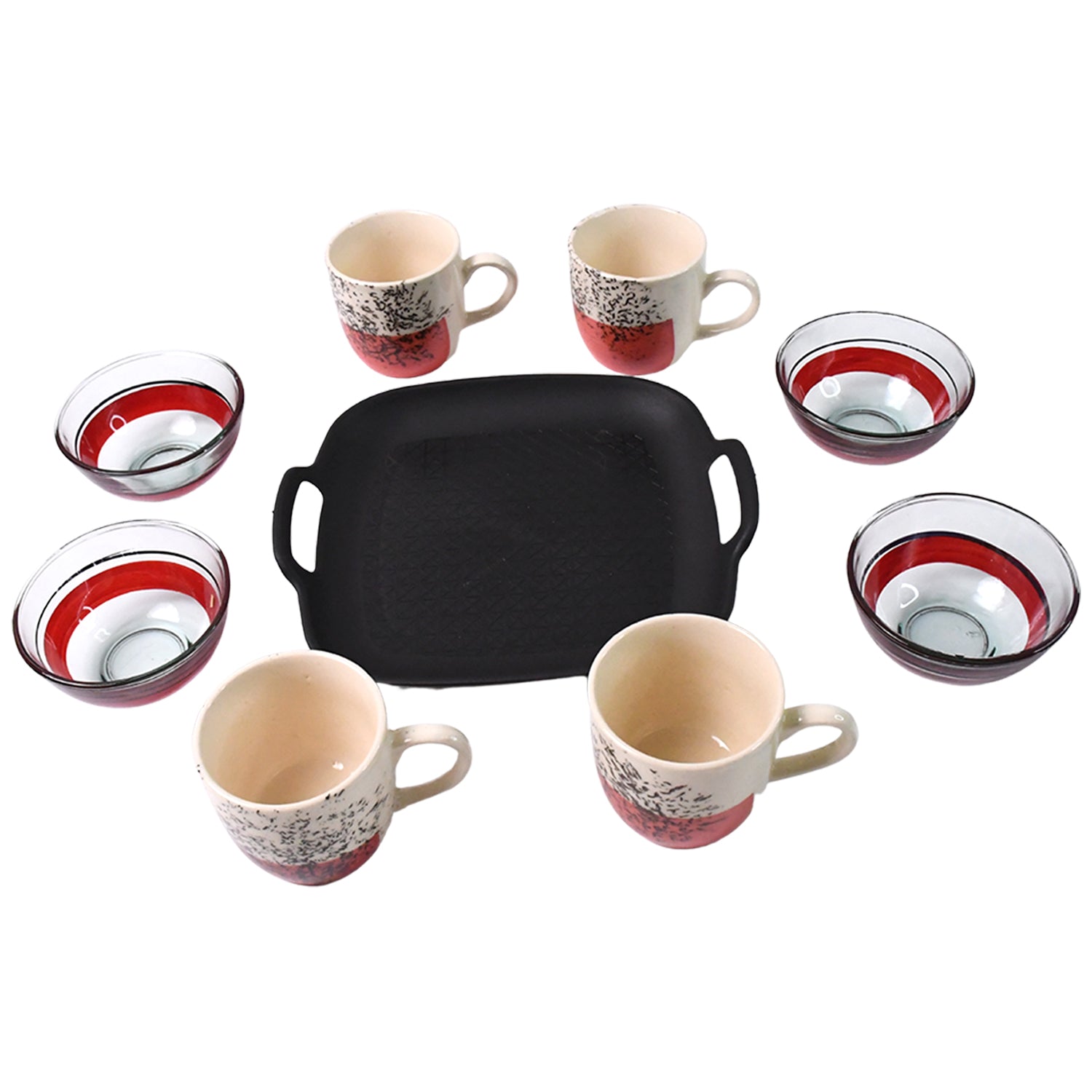 Wukusy 9-piece Home & Kitchen set includes 4 ceramic cups, 4 glass bowls, and plastic plates for versatile dining.