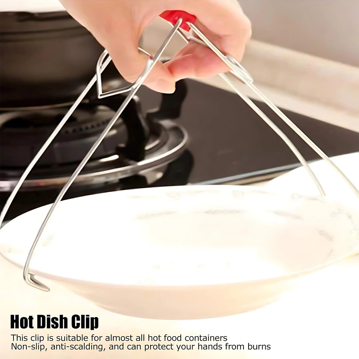 Heavy-duty stainless steel kitchen dish and bowl gripper tong by Wukusy, designed for secure handling of plates and vessels.