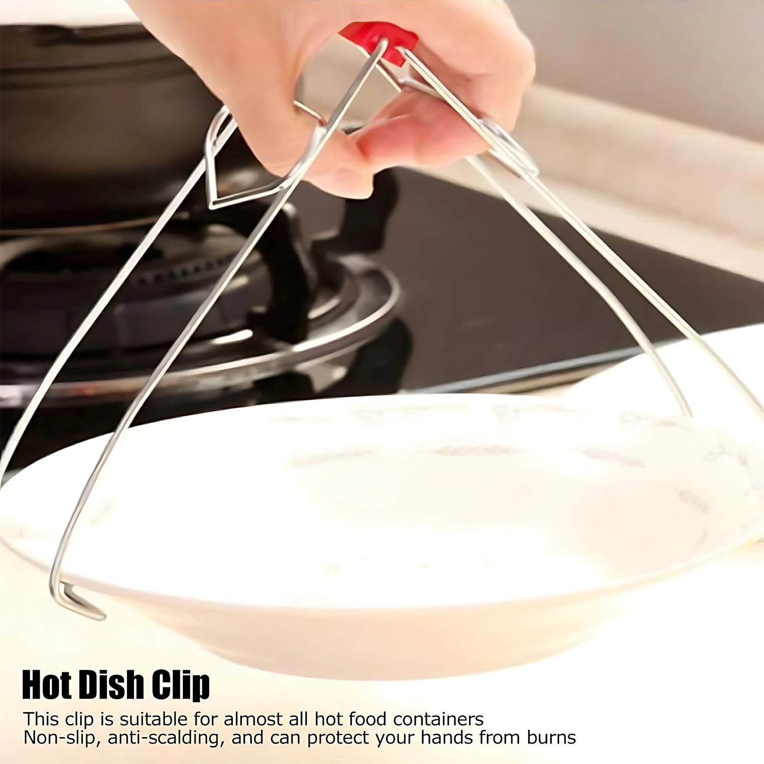 Heavy-duty stainless steel kitchen dish and bowl gripper tong by Wukusy, designed for secure handling of plates and vessels.