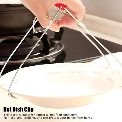 Heavy-duty stainless steel kitchen dish and bowl gripper tong by Wukusy, designed for secure handling of plates and vessels.