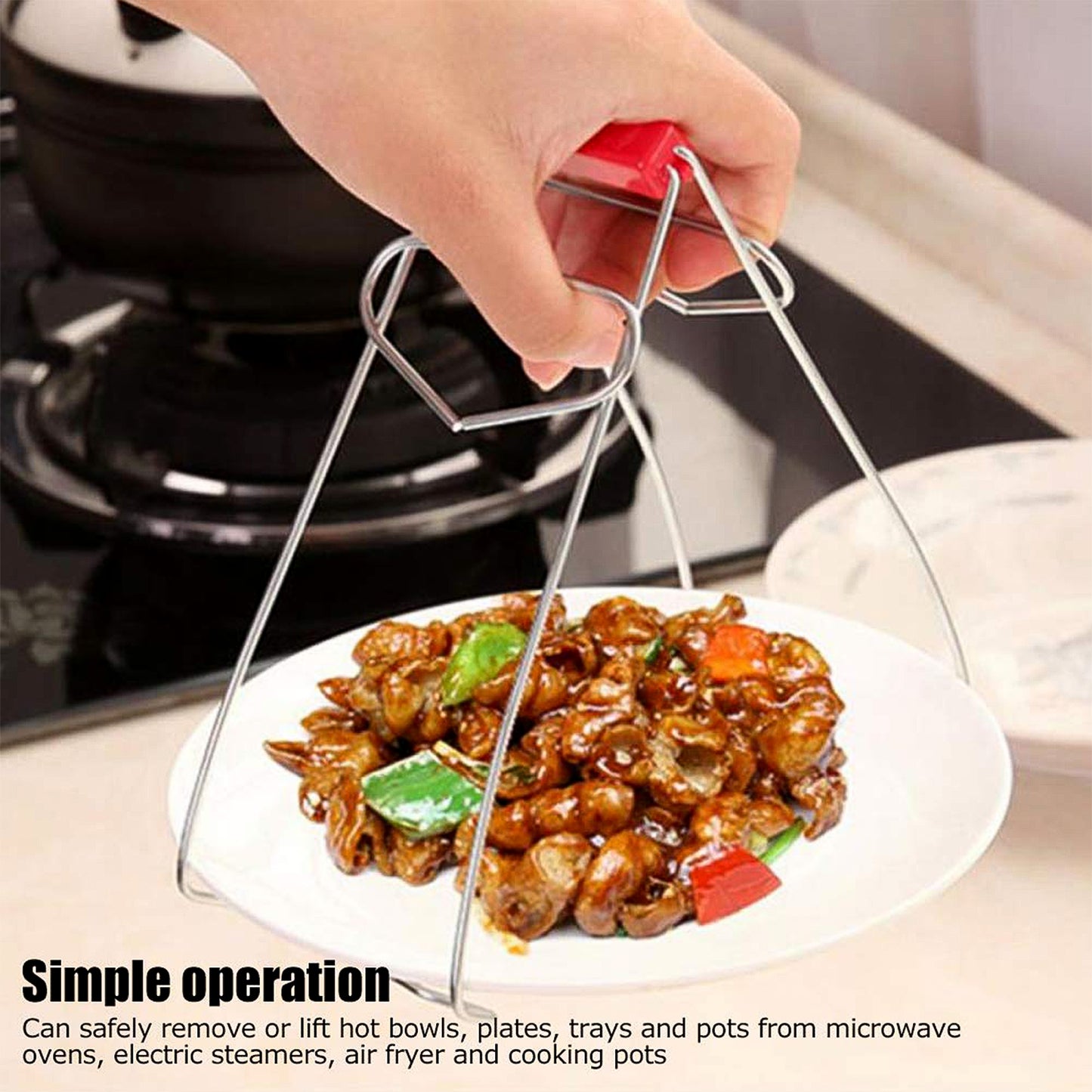 Heavy-duty stainless steel kitchen dish and bowl gripper tong by Wukusy, designed for safe handling of plates and vessels.