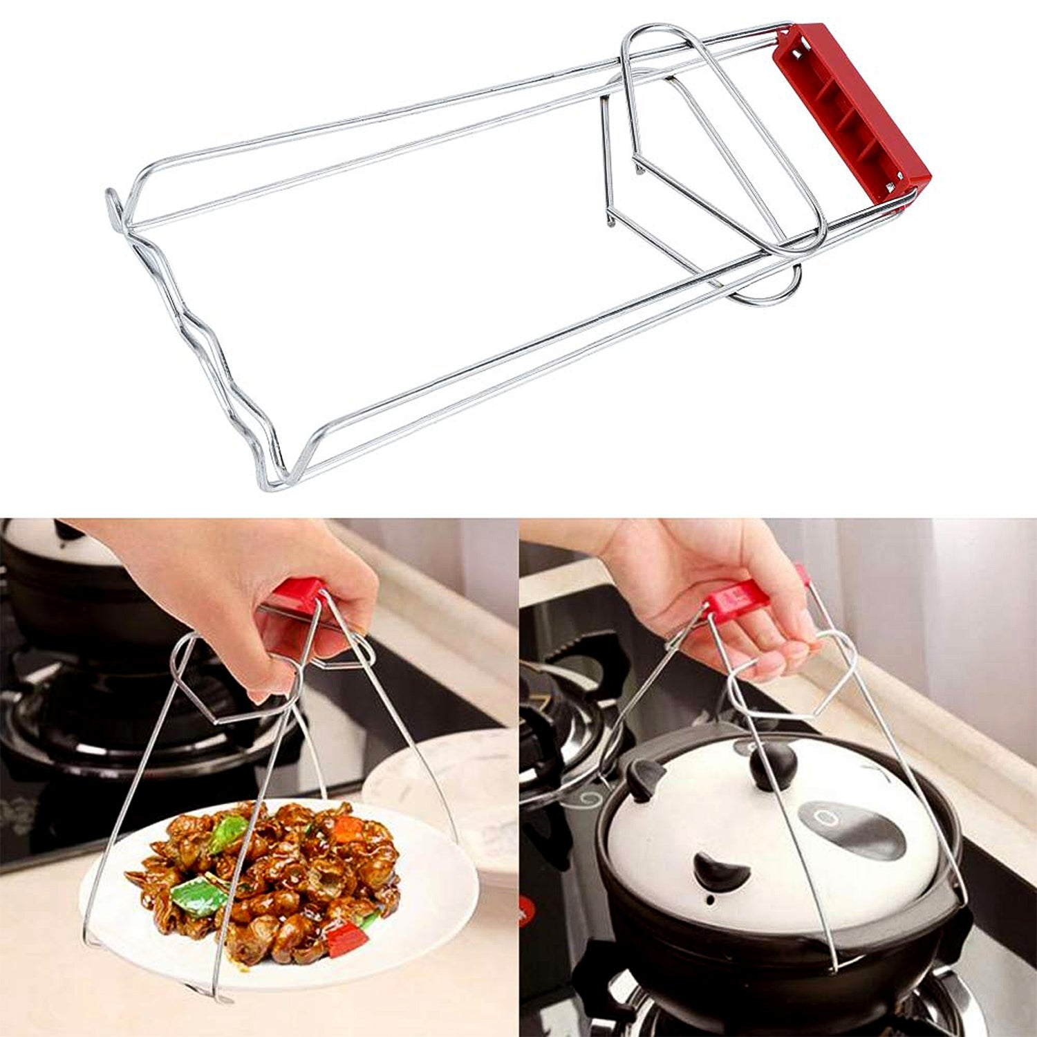 Stainless steel kitchen dish and bowl gripper tong by Wukusy, heavy-duty kitchen tool for safely handling plates and vessels.