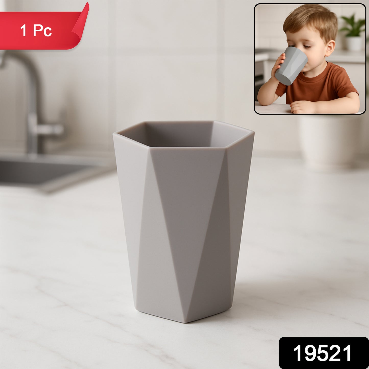 Small hexagon-shaped plastic drinking glass by Wukusy, ideal for home and kitchen use. Clear, lightweight, and durable.