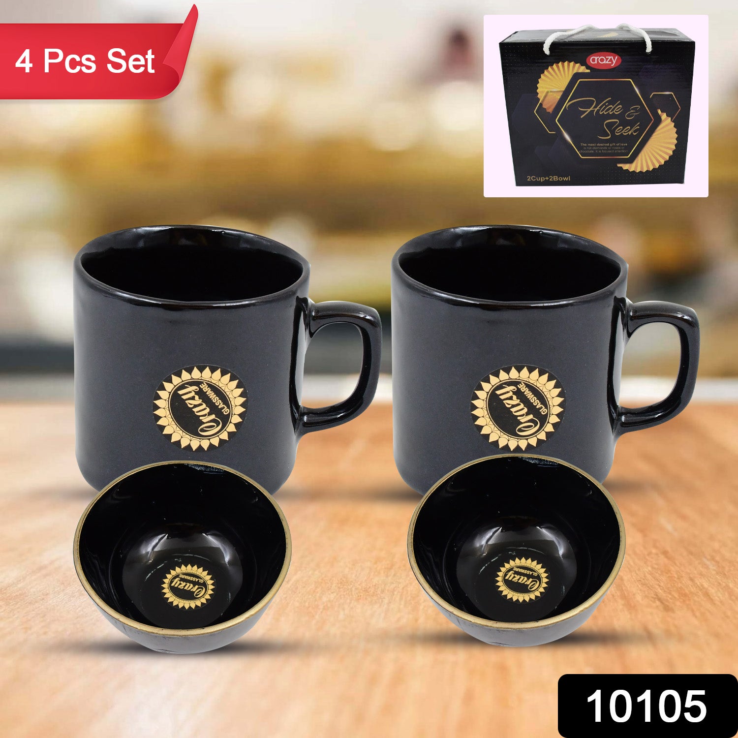 Wukusy Hide Seek ceramic tea cups with round serving bowl, 4-piece set for home and kitchen use, featuring modern design.