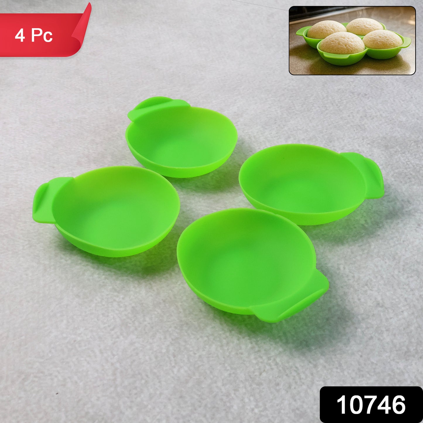 Wukusy 4-pack food-grade silicone idli maker cups for non-stick idli, dhokla, and egg poaching in a home kitchen.