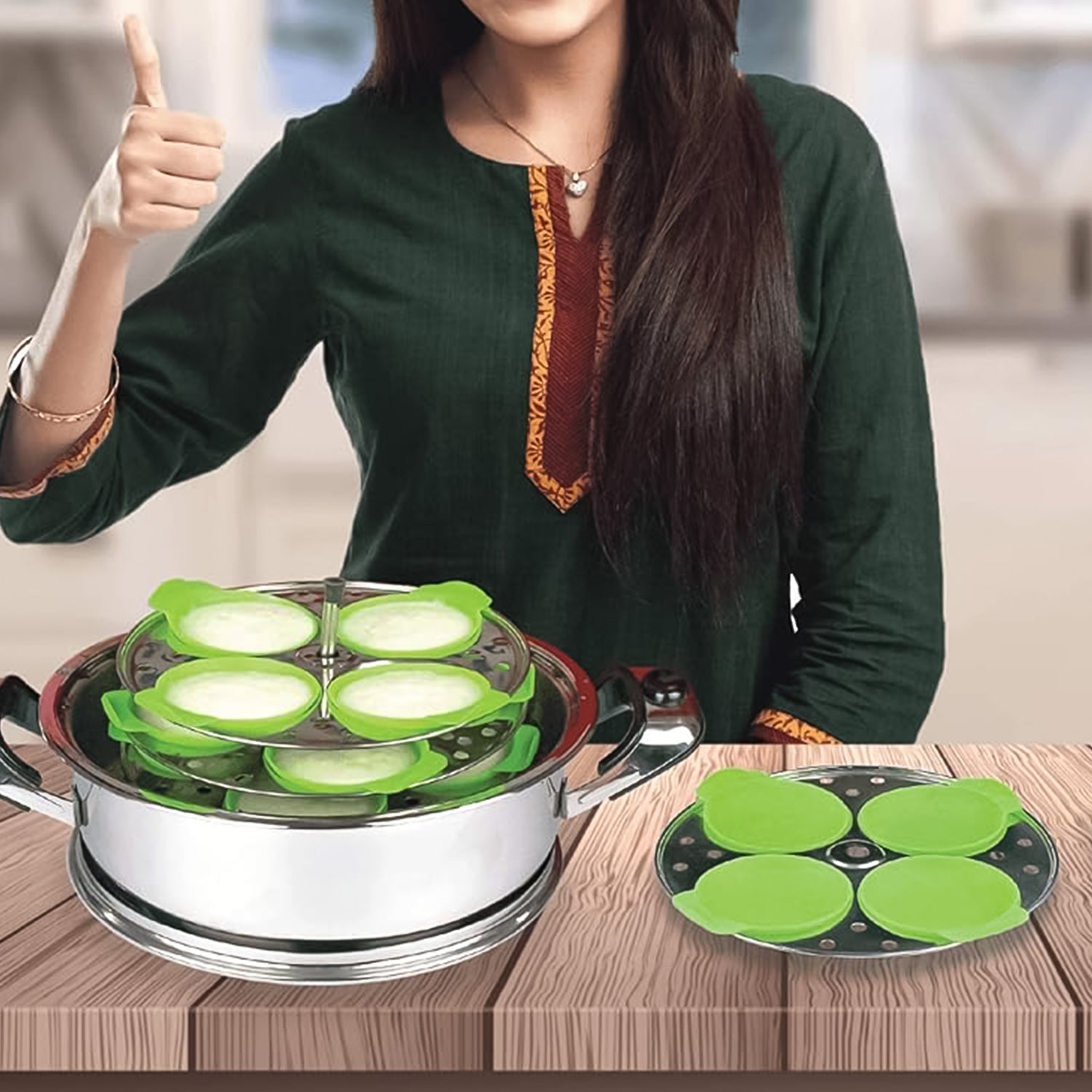Wukusy set of 4 food-grade silicone idli maker cups with non-stick surface for making idli, dhokla, and egg poachers in the kitchen.