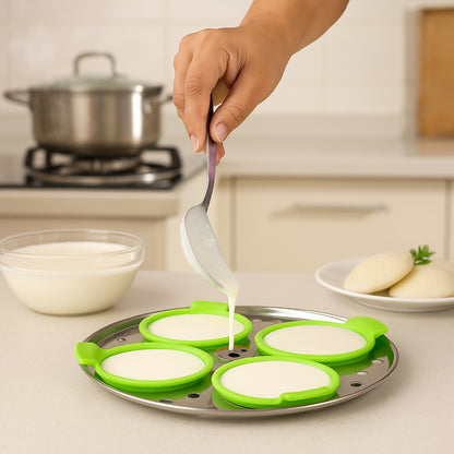 Wukusy 4-pack food-grade silicone idli maker cups with non-stick surface for making idli, dhokla, and egg poacher molds.