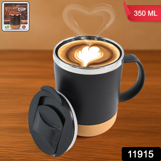 Wukusy insulated coffee mug with spill-proof lid, 350ml capacity, suitable for home and kitchen use, black exterior with handle.