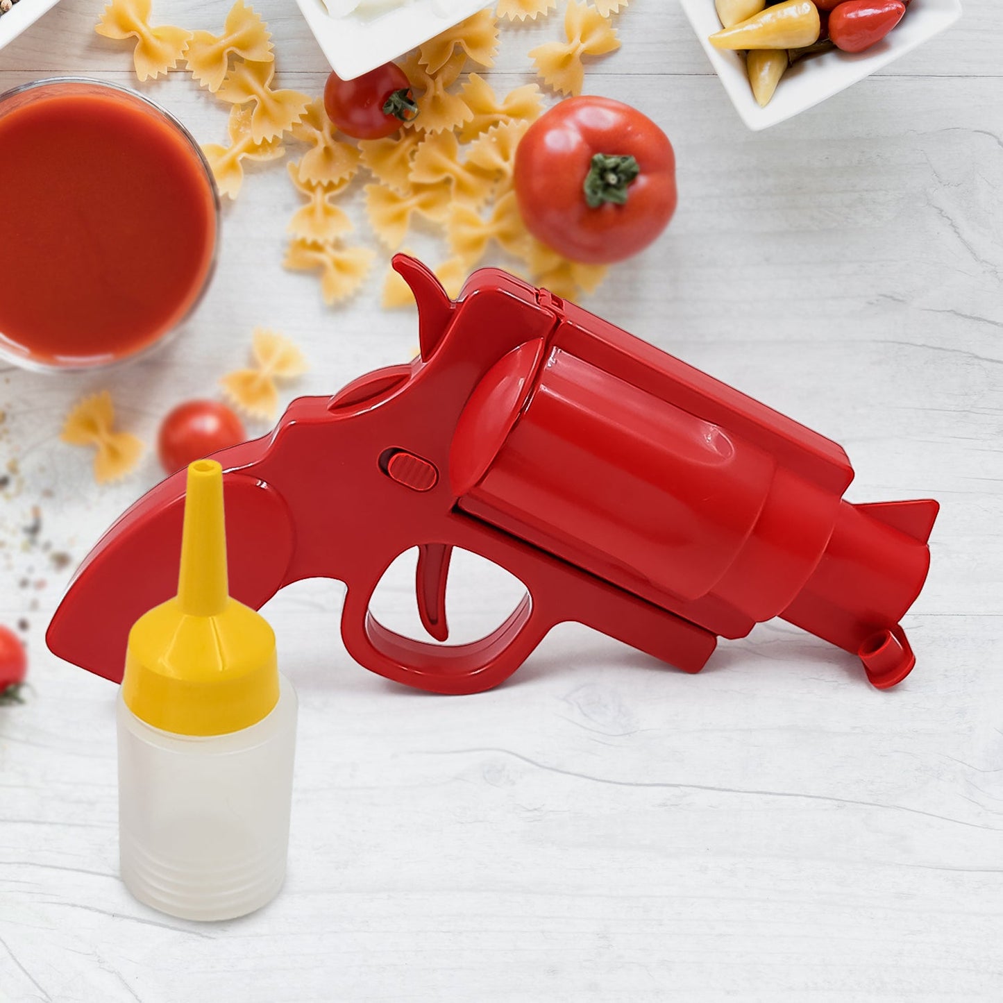 Wukusy ketchup and mustard bottle gun dispenser for home and kitchen use, plastic condiment squeeze bottle in black and yellow.