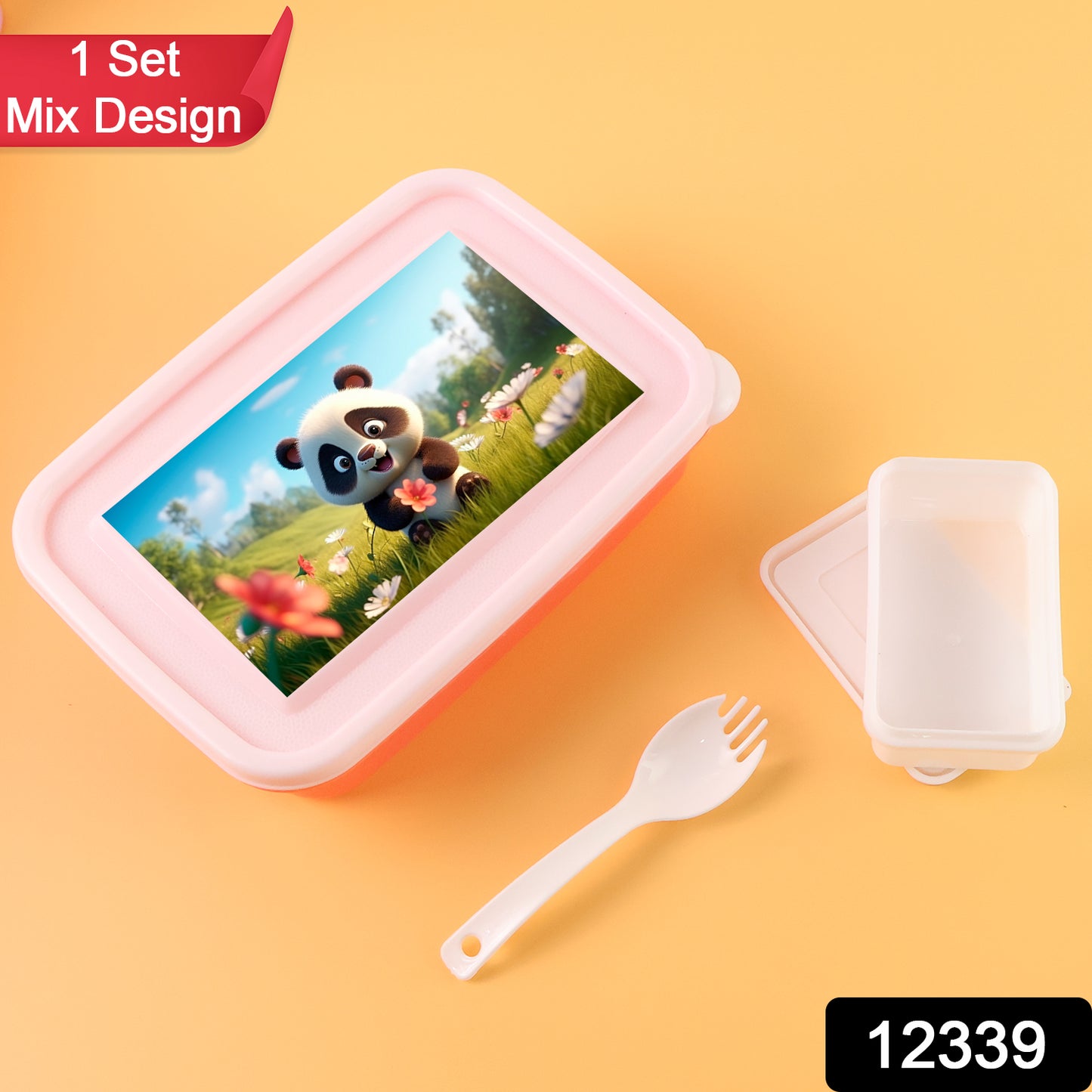Kids cartoon printed lunch box set by Wukusy featuring colorful mix designs, ideal for children's school meals.
