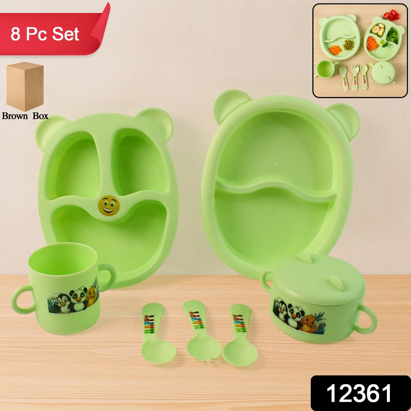 Wukusy Kids Feeding Dinner 8-piece set including plates, bowls, and utensils for children’s mealtime in vibrant colors.