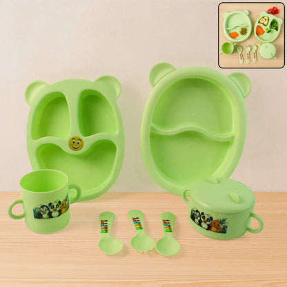 Wukusy Kids Feeding Dinner 8-piece set with colorful plates, bowls, and utensils for children’s mealtime.