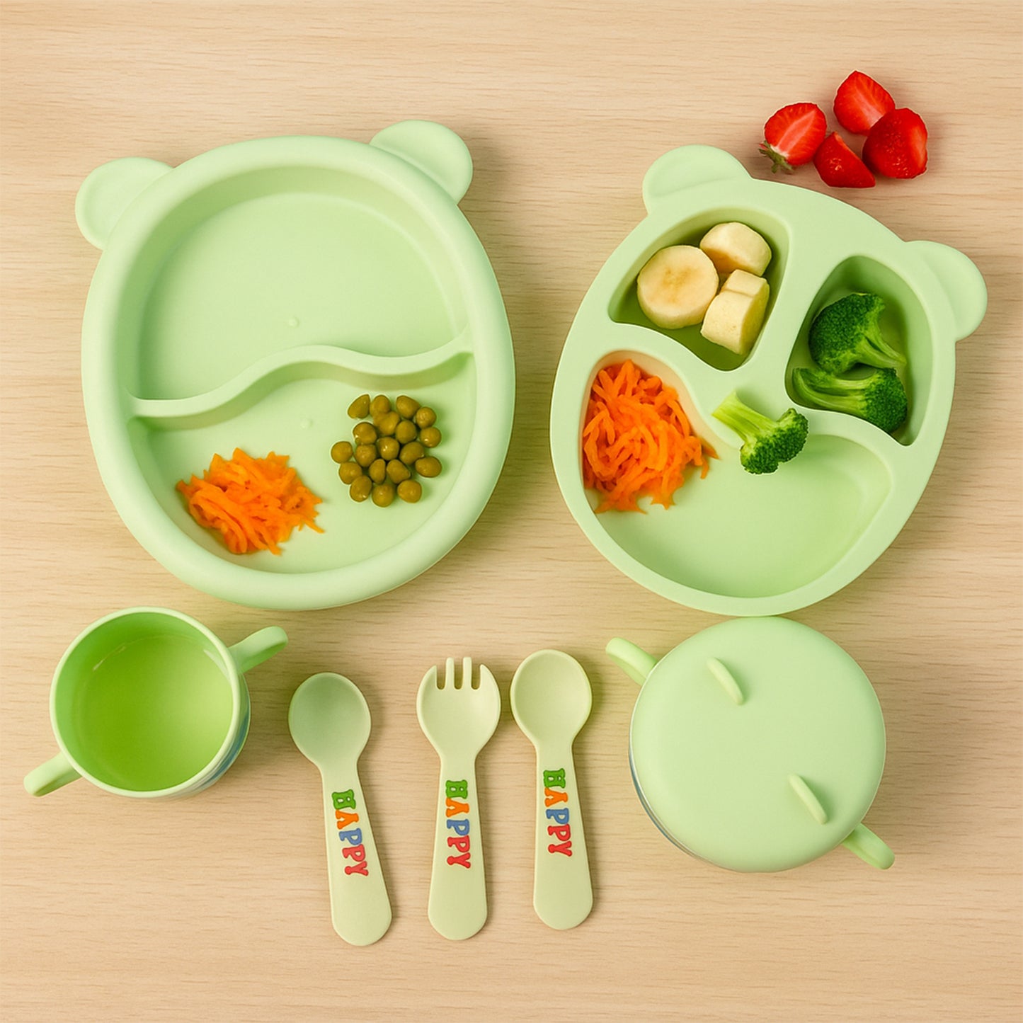 Wukusy kids feeding dinner 8-piece set with colorful plates, bowls, and utensils designed for children’s mealtime.