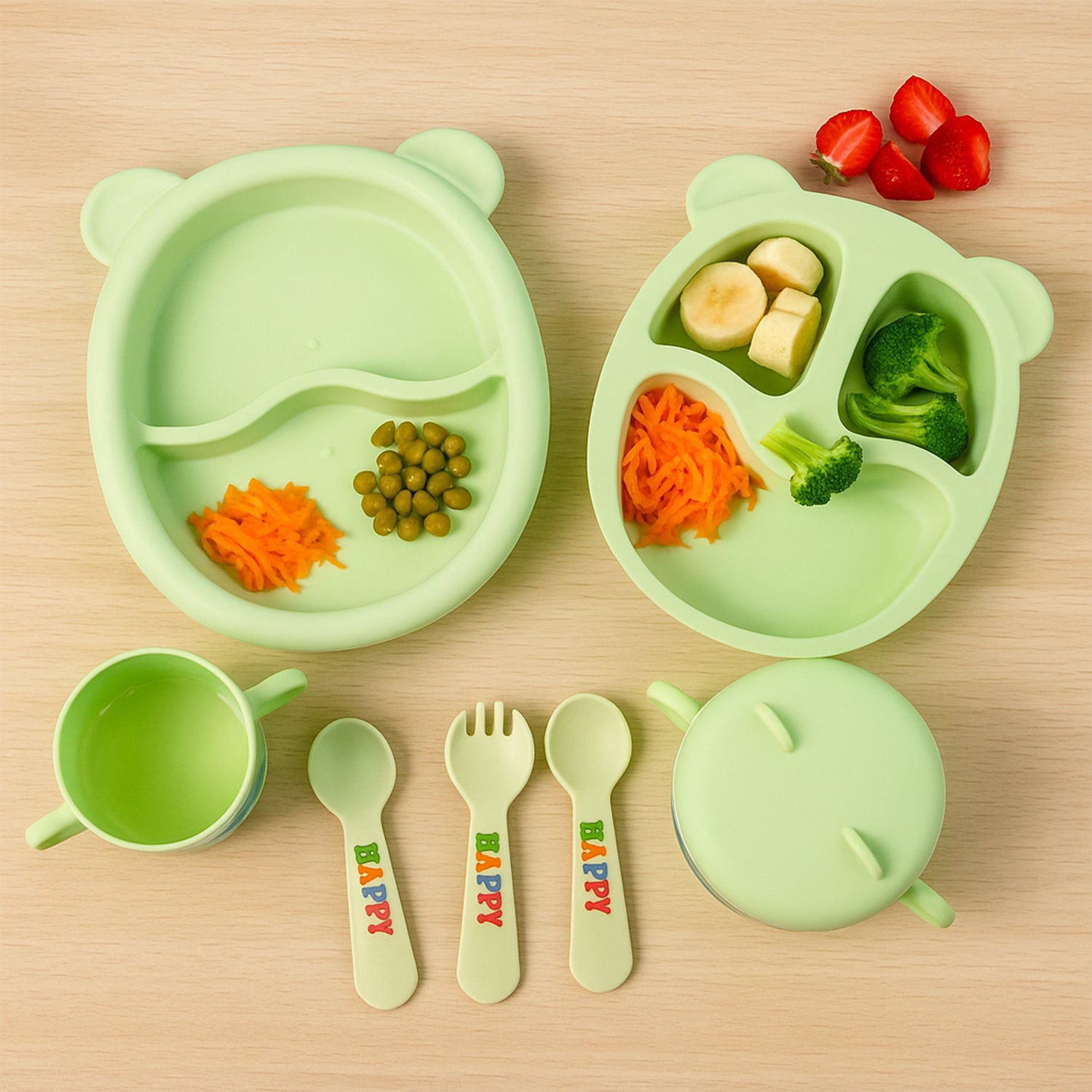 Wukusy kids feeding dinner 8-piece set with colorful plates, bowls, and utensils designed for children’s mealtime.