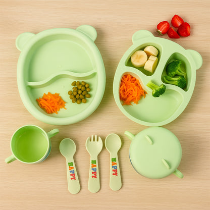 Wukusy kids feeding dinner 8-piece set with colorful plates, bowls, and utensils designed for children’s mealtime.