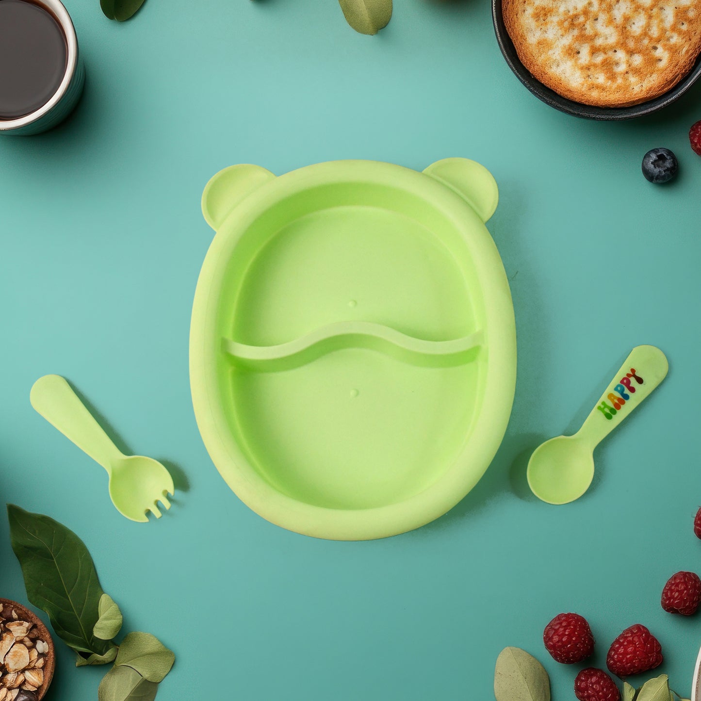 Wukusy Kids Feeding Dinner 8-piece set with colorful plates, bowls, and utensils for children’s mealtime.