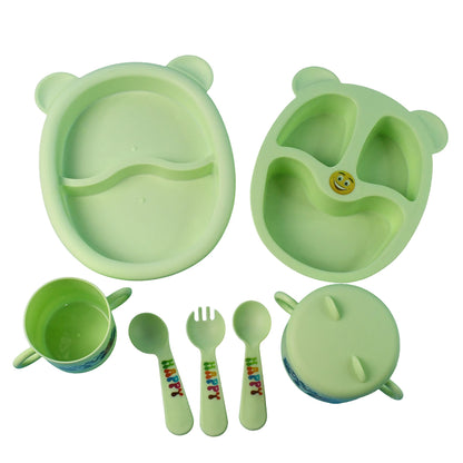 Wukusy Kids Feeding Dinner 8-piece set includes colorful plates, bowls, and utensils for children’s mealtime.