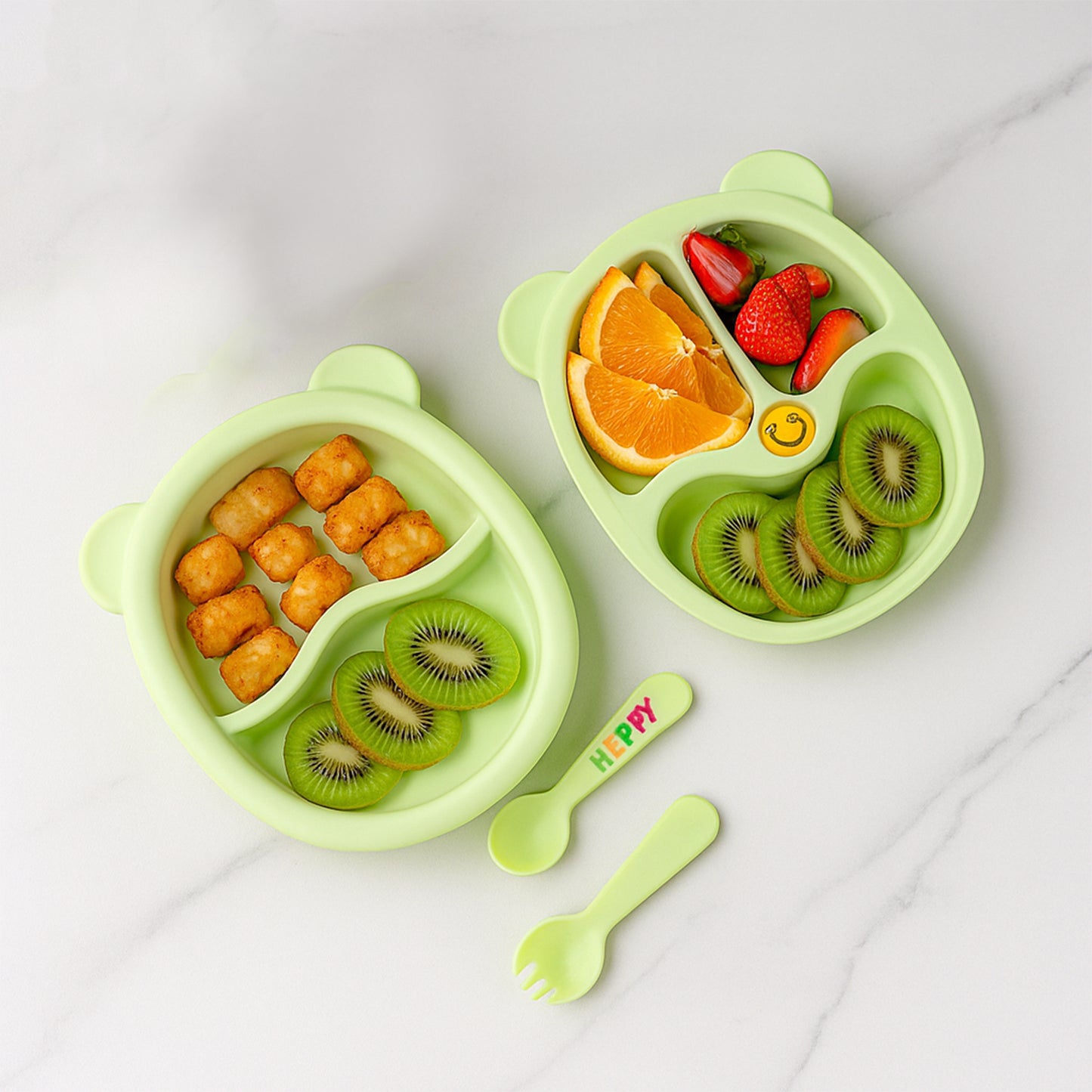 Wukusy kids feeding dinner 8-piece set with colorful plates, bowls, and utensils for children's mealtime.
