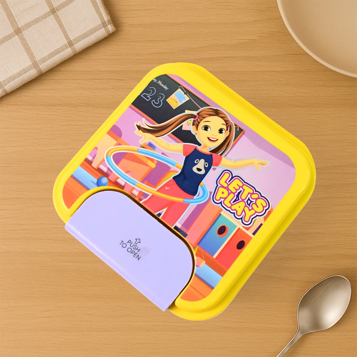 Wukusy kids lunch box set with small inner container, spoon, and fork for children, in a colorful, durable plastic design.