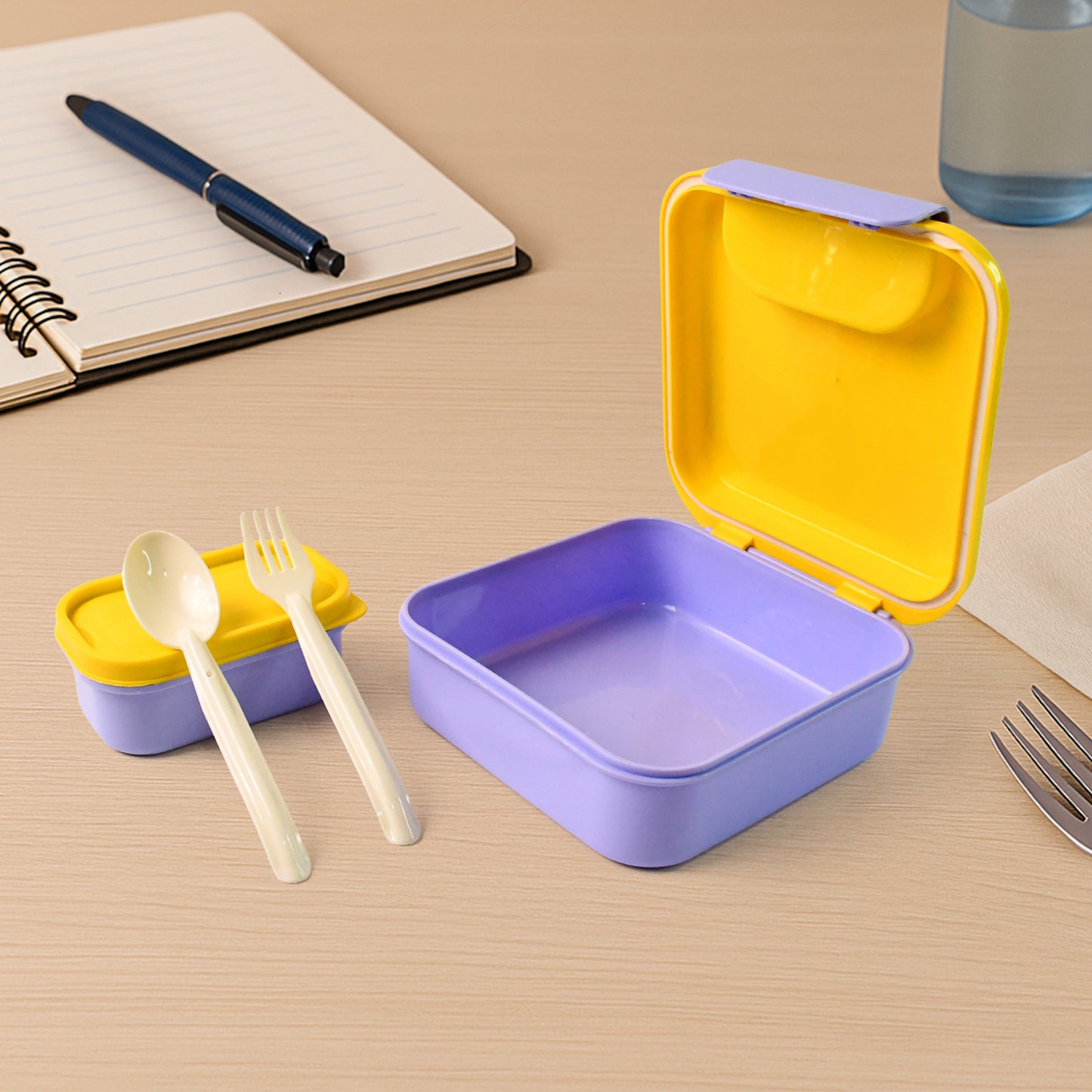 Wukusy kids lunch box set with small inner container, spoon, and fork, ideal for children's meal storage and portability.