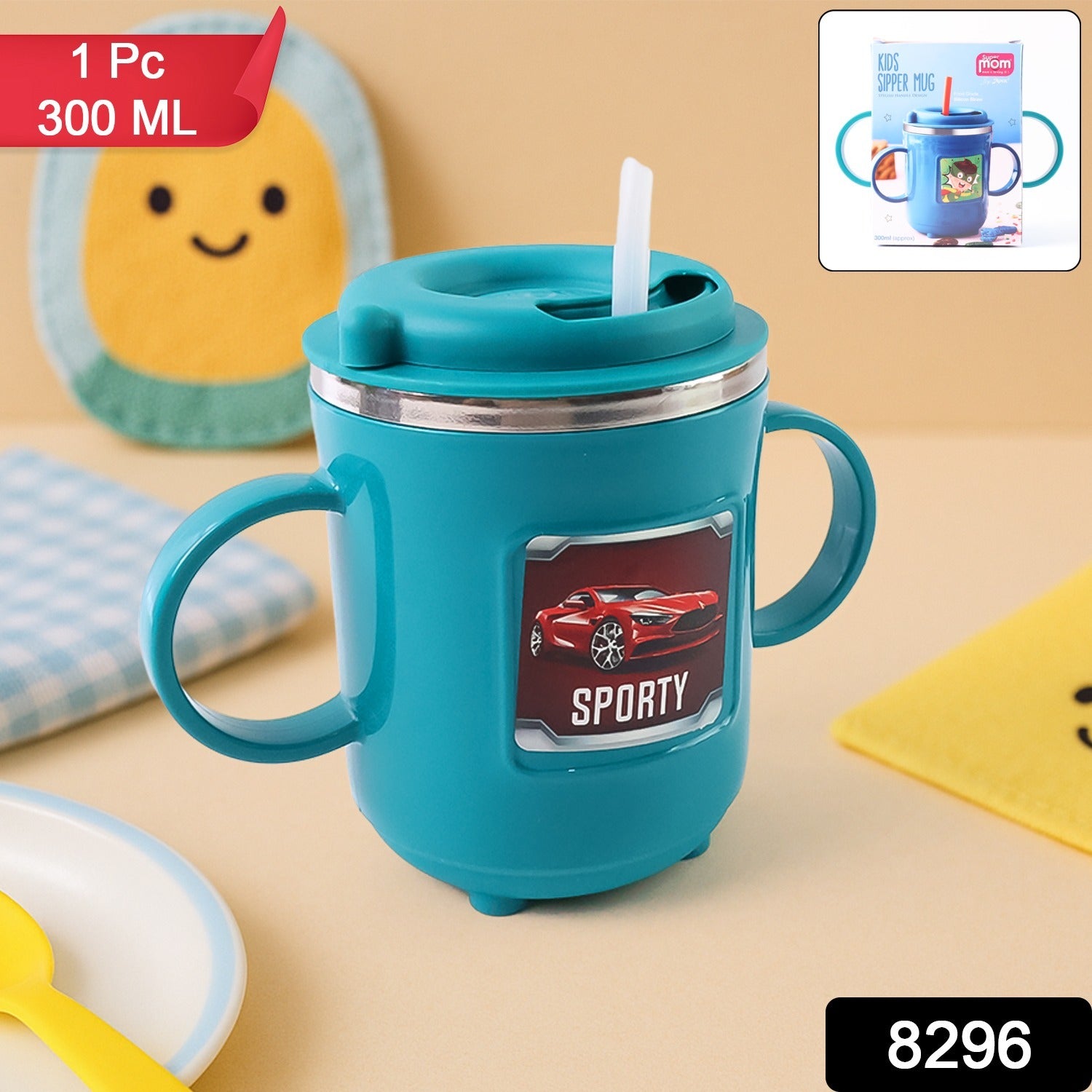 Wukusy kids sporty sipper mug with straw, dual handles, 300ml capacity, designed for children, in bright colors.