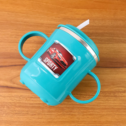 Wukusy Kids Sporty Sipper Mug with straw, dual handles, 300ml capacity, suitable for children, in vibrant colors.