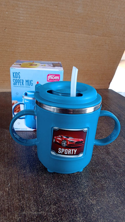 Kids Sporty Sipper Mug with straw and dual handles by Wukusy, featuring a colorful design and 300ml capacity for children.