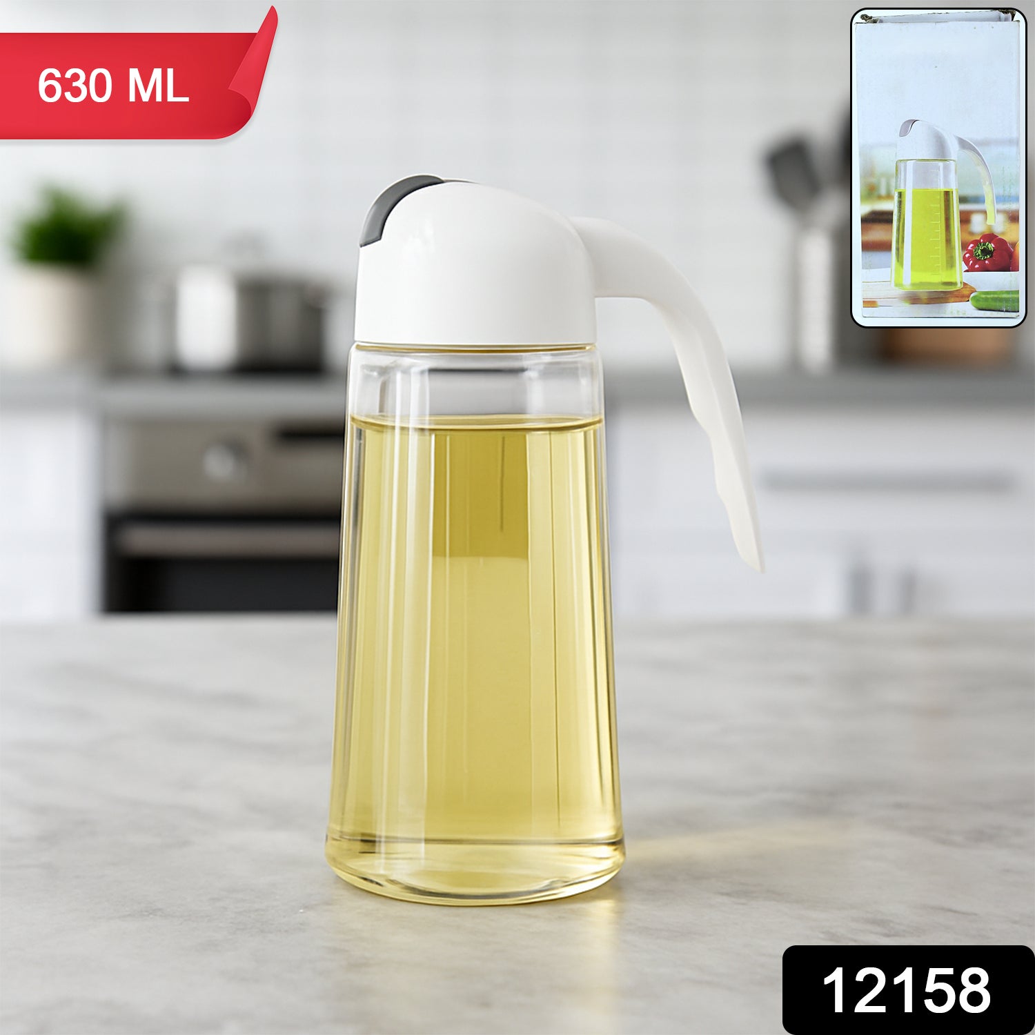 Wukusy glass oil bottle dispenser with automatic opening and closing, for oil, vinegar, honey, and olive oil, 630ml capacity.