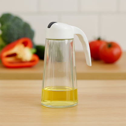 Wukusy glass oil dispenser bottle with automatic opening and closing, 630ml for oil, vinegar, honey, and olive oil in kitchen.